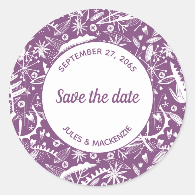 Sticker Rond Feuillage de violet botanique Enregistrer la date (Devant)