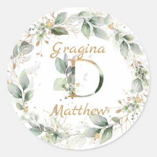 Sticker Rond Feuillage vert et or Monogramme Mariage de couronn