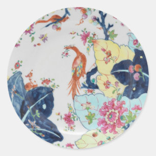 Sticker Rond Feuille de tabac vintage bleu et blanc avec rose c