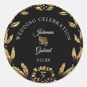 Sticker Rond Feuille d'or Wreath Black Elegant Mariage Typograp