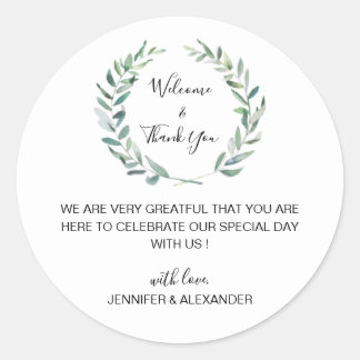 Sticker Rond Feuilles aquarelles rustiques Bienvenue au mariage