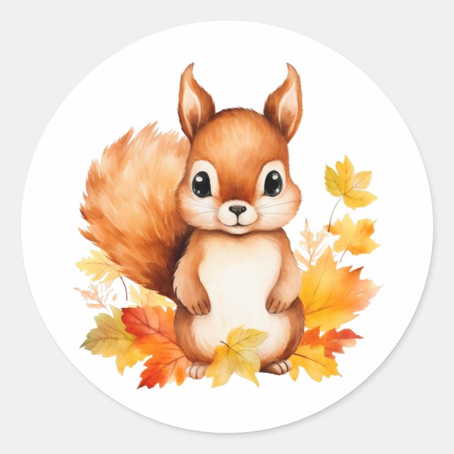 Sticker Rond Feuilles d'automne d'écureuil animal mignon person (Devant)