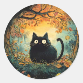 Sticker Rond Feuilles d'automne douillette chute noir chat dans