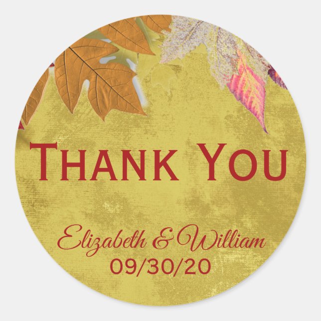 Sticker Rond Feuilles d'automne personnalisées Merci Mariage (Devant)