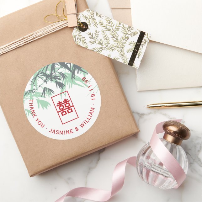 Sticker Rond Feuilles de bambou vert Mint Shuang Xi Mariage chi (Cadeaux)