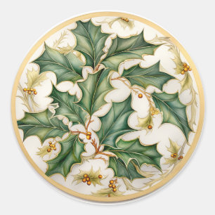 Sticker Rond Feuilles de houx avec accents dorés