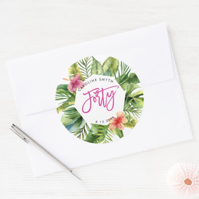 Sticker Rond feuilles de palme tropicale 40e anniversaire autoc (Enveloppe)