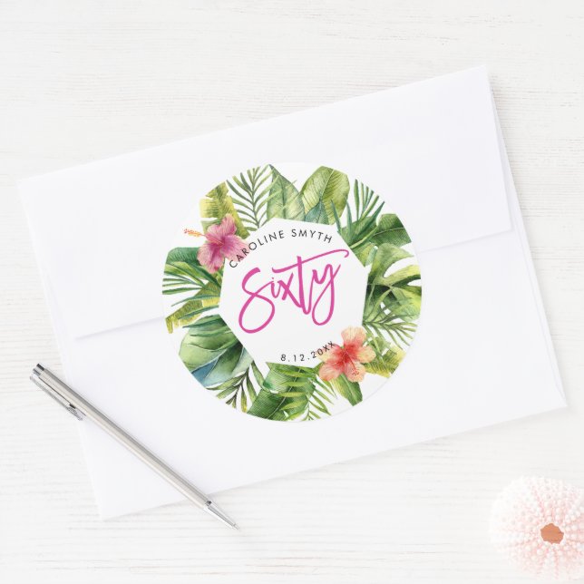 Sticker Rond feuilles de palme tropicale 60e anniversaire autoc (Enveloppe)