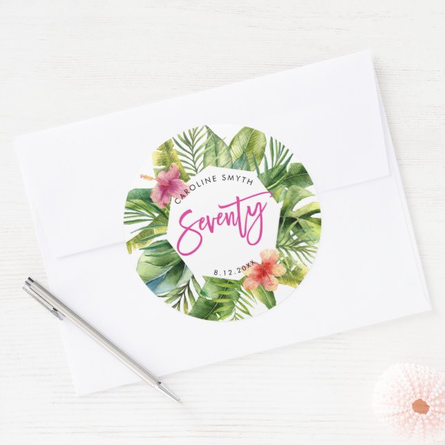 Sticker Rond feuilles de palme tropicale 70e anniversaire autoc (Enveloppe)