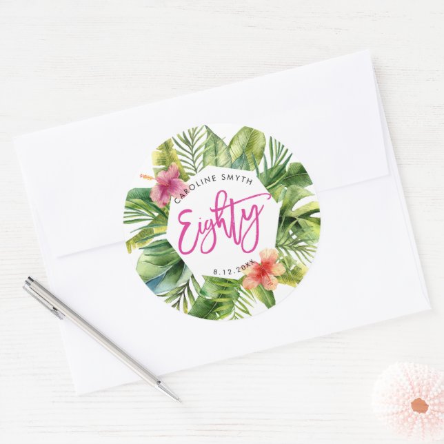 Sticker Rond feuilles de palme tropicale 80e anniversaire autoc (Enveloppe)