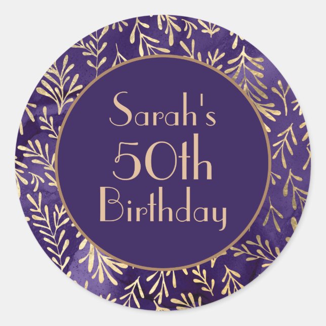 Sticker Rond Feuilles d'or violet élégant 50e anniversaire (Devant)