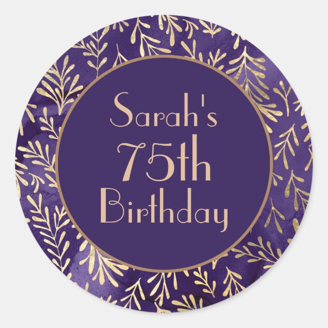 Sticker Rond Feuilles d'or violet élégant 75e anniversaire (Devant)