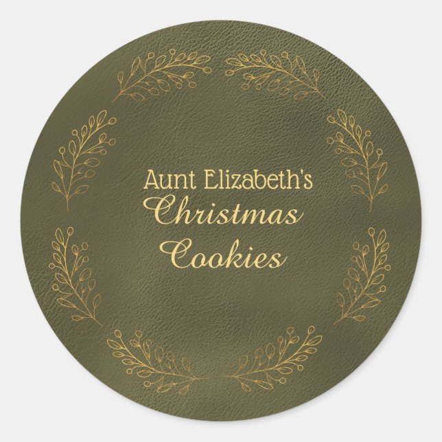 Sticker Rond Feuilles dorées élégantes Cookies de Noël verts (Devant)