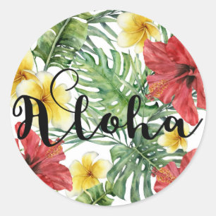 Sticker Rond Feuilles et Fleurs de Botanique Tropicale Floral A