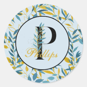 Sticker Rond Feuilles Modernes Navy Monogramme Or "Lettre P"