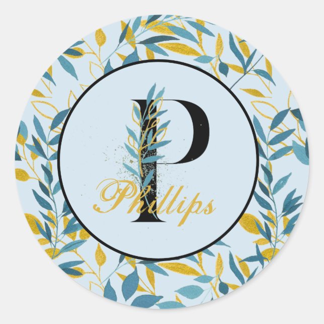 Sticker Rond Feuilles Modernes Navy Monogramme Or "Lettre P" (Devant)
