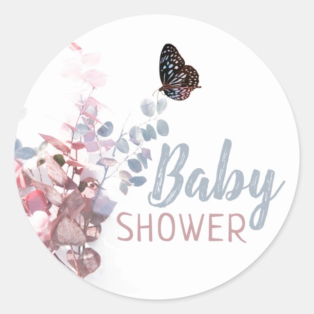 Sticker Rond Feuilles papillons, Baby shower élégant (Devant)