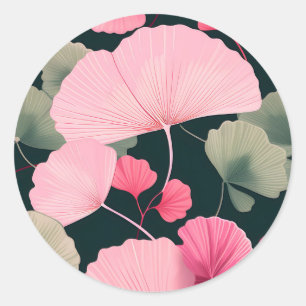 Sticker Rond Feuilles Rétro Ginkgo Sur Rose Doux