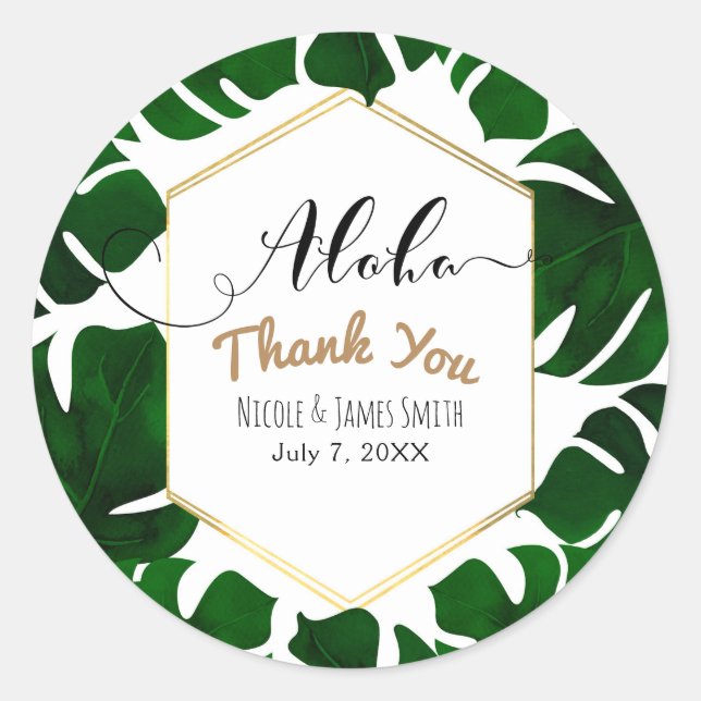 Sticker Rond Feuilles Tropical Vert foncé Blanc & Mariage Or (Devant)