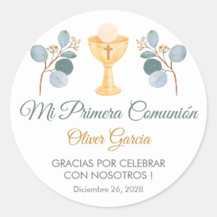 Sticker Rond Feuilles verdoyants en espagnol Première communion