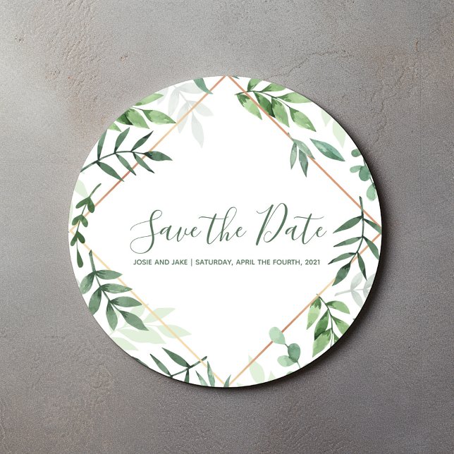 Sticker Rond Feuilles verts Sauvez la date mariage du jardin (Créateur téléchargé)