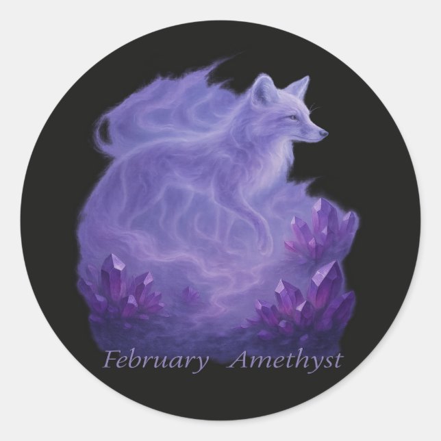 Sticker Rond Février Amethyst - Mystical Fox & Crystal (Devant)