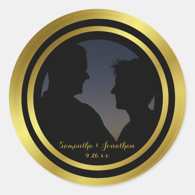 Sticker Rond Fiançailles Mariage photo Elegant Gold Foil (Devant)