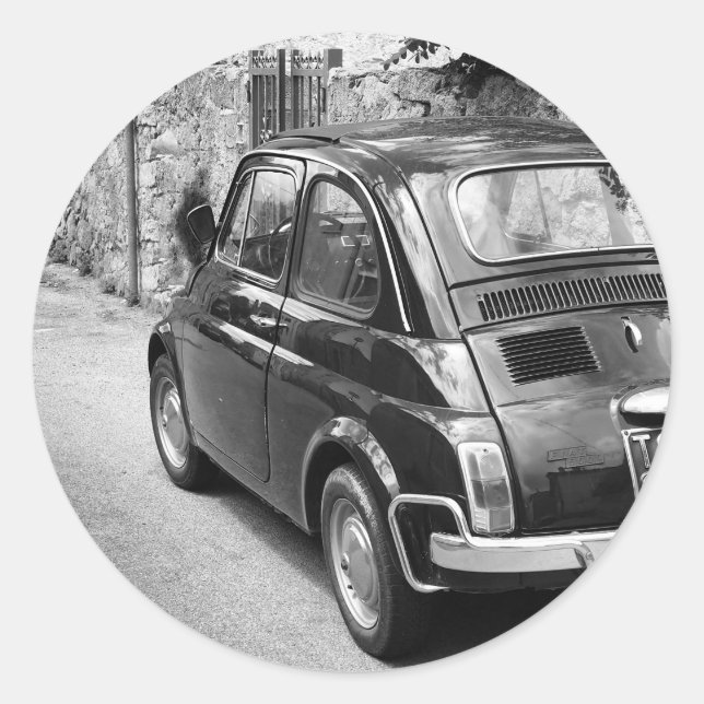 Sticker Rond FIAT 500 voiture en noir et blanc (Devant)