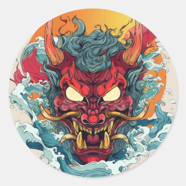 Sticker Rond Fiery Hannya Masque japonais (Devant)