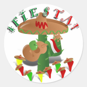Sticker Rond Fiesta Cactus avec Sombrero & Guitare