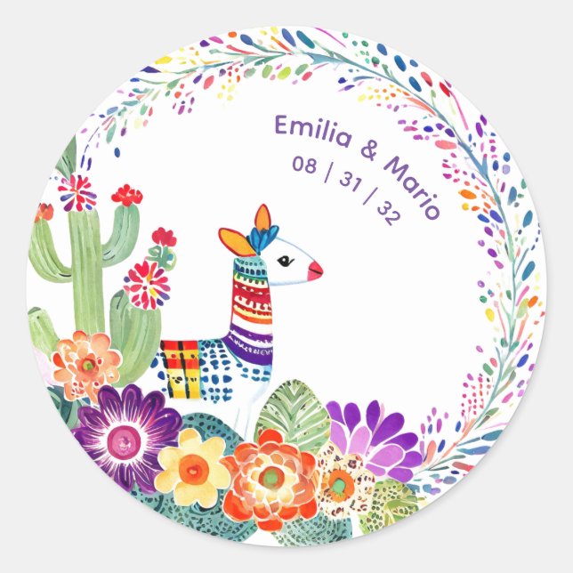 Sticker Rond FIESTA Cactus Folkart Fleurs Personnalisé (Devant)