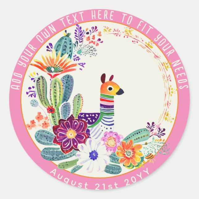 Sticker Rond FIESTA Cactus Lama FolkFlowers Rose Personnalisé (Devant)