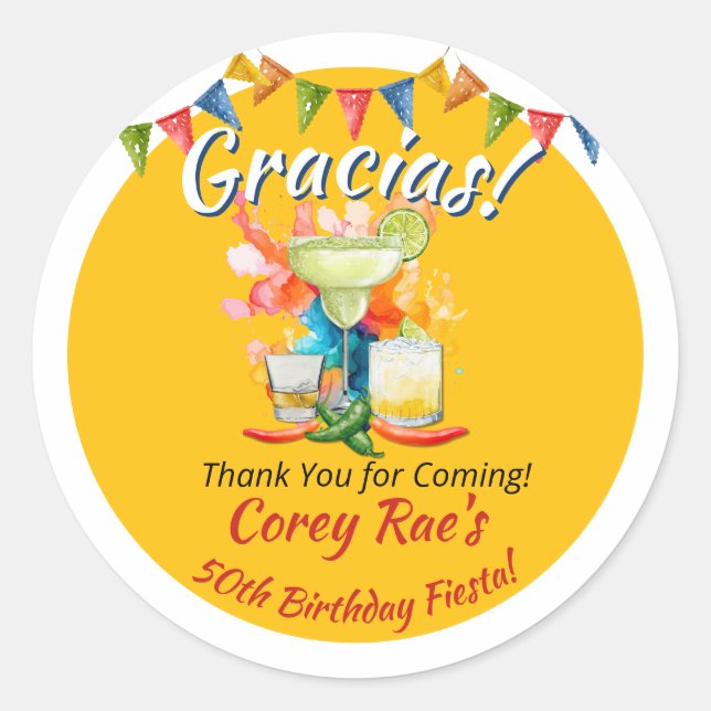Sticker Rond Fiesta "Gracias" 50th Birthday Thank You Custom (Devant)