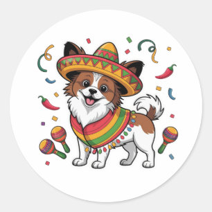 Sticker Rond Fiesta Papillon Chien portant Sombrero et Sarape