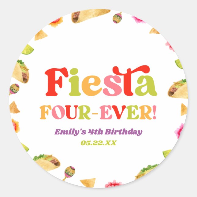 Sticker Rond Fiesta Quatre Ever Taco 4ème Anniversaire (Devant)