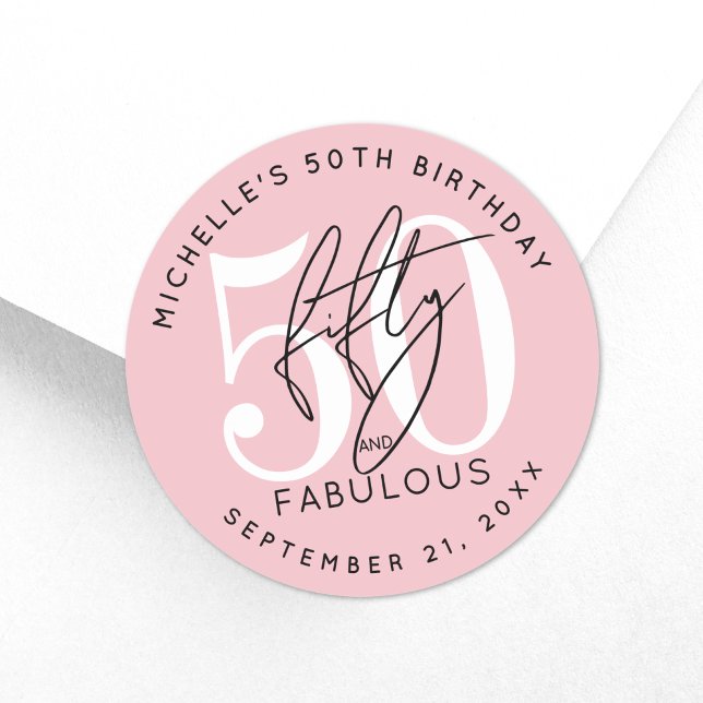 Sticker Rond Fifty Fabulous Pink 50th Birthday Party (Fifty Fabulous Pink 50th Birthday Party Classic Round Sticker )