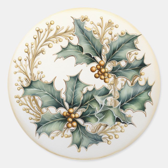 Sticker Rond Filigrane d'or sur branches de houx (Devant)