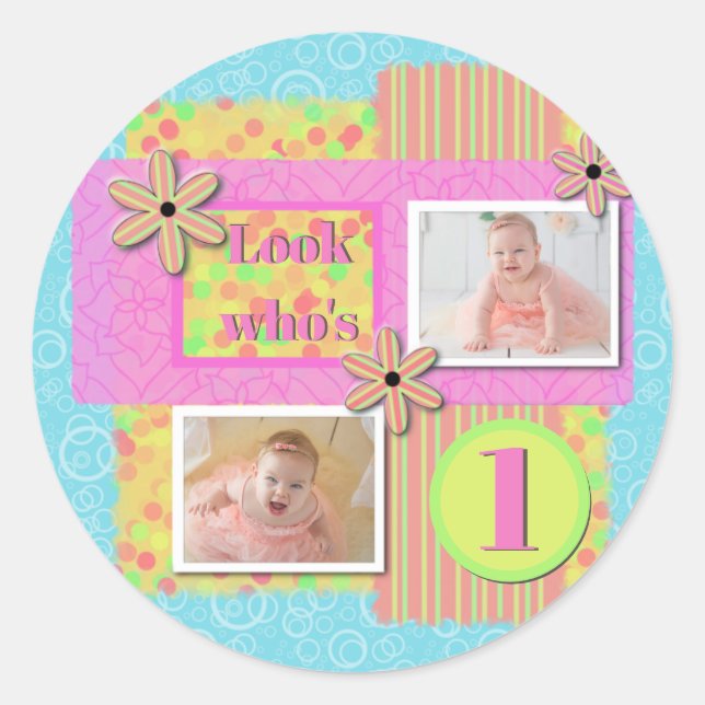 Sticker Rond Fille 1er Anniversaire Scrapbooking Rose & Jaune (Devant)