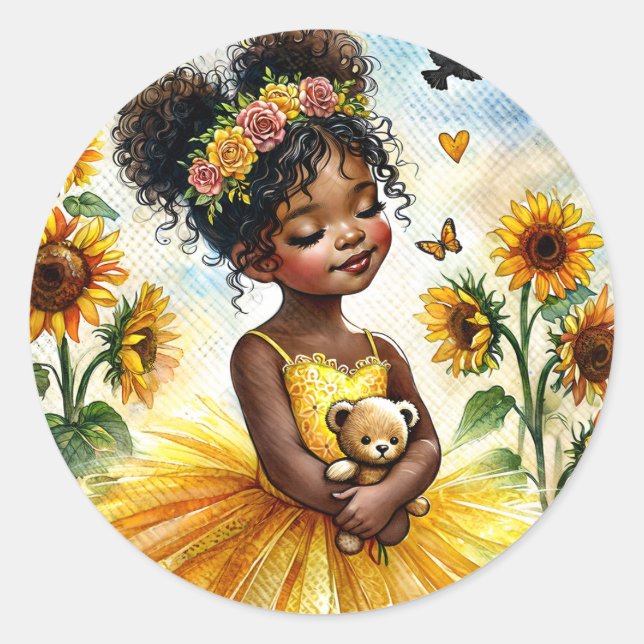 Sticker Rond Fille Africaine Américaine De Tournesol Avec Ours  (Devant)