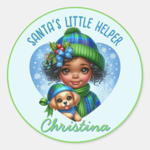 Sticker Rond Fille Afro-Américaine Vacances d'Hiver Chiot