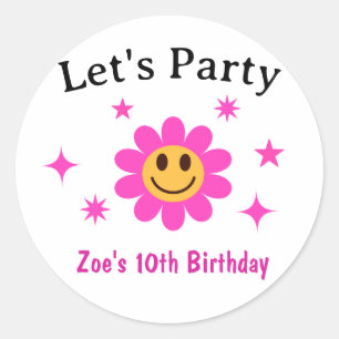 Sticker Rond Fille Anniversaire Fleur Rose Sourire Rétro 