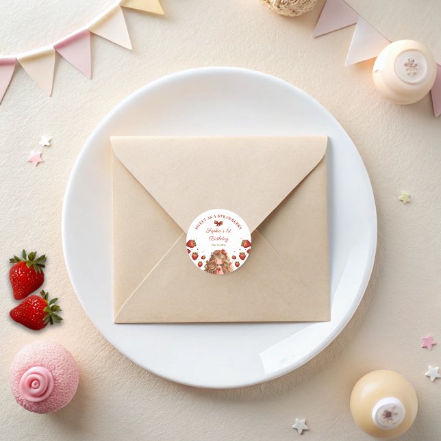 Sticker Rond Fille Anniversaire Fraise Rouge Ribbon (Créateur téléchargé)