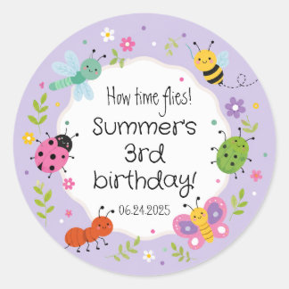 Sticker Rond Fille Anniversaire Mignon Insectes Violet 