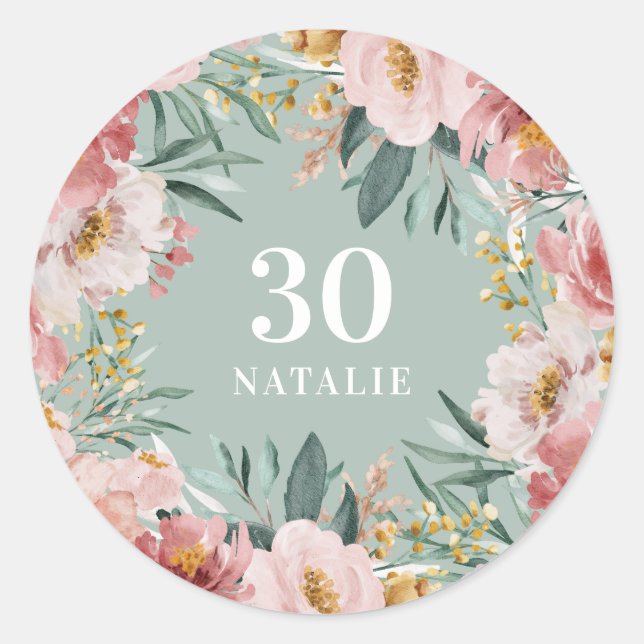 Sticker Rond Fille aquarelle florale anniversaire rose chic (Devant)