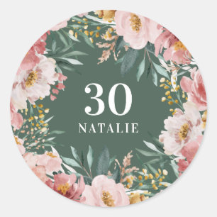 Sticker Rond Fille aquarelle florale anniversaire rose chic