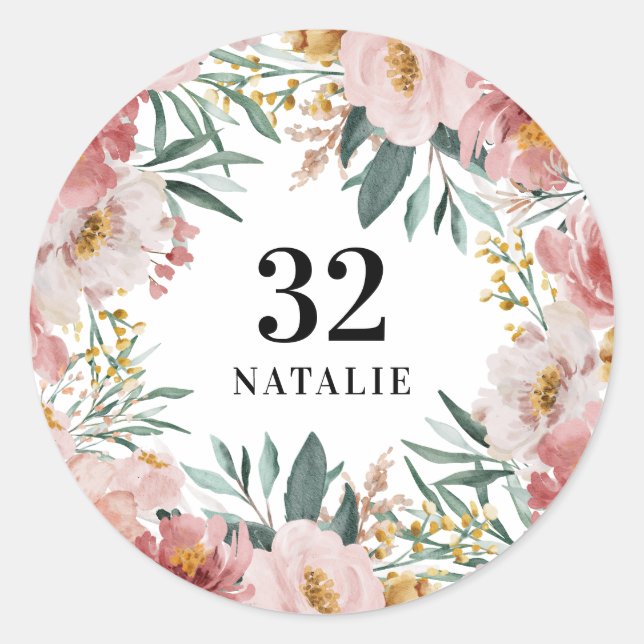 Sticker Rond Fille aquarelle florale anniversaire rose chic cla (Devant)