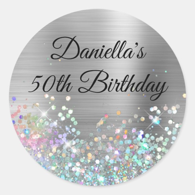 Sticker Rond Fille Argent Parties scintillant Holo Foil Anniver (Devant)