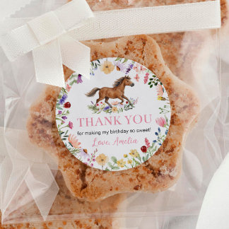 Sticker Rond Fille au Cheval Rustique Fleur Sauvage Anniversair