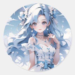 Sticker Rond Fille aux cheveux bleus dans une robe bleue