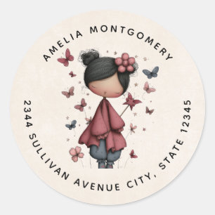 Sticker Rond Fille avec baguette magique et papillons - Adresse